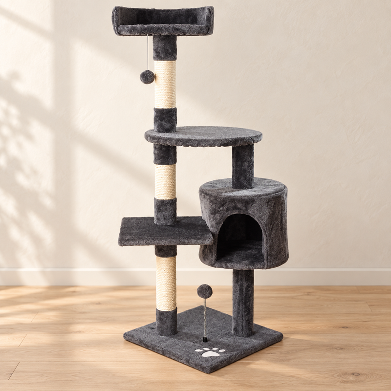 Arbre à chat à quatre niveaux avec niche et griffoirs